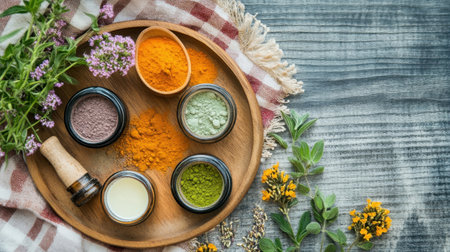 Skincare ingredients like herbs and powders, arranged on a rustic wooden plate on a checkered cloth, emphasizing organic, natural beauty.の素材