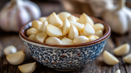 An artistic shot of a bowl filled with peeled garlic cloves on a rustic wooden table, with whole garlic bulbs nearby, emphasizing the beauty of simple ingredients.の素材