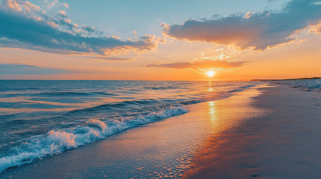 Wide-angle shot of a peaceful beach at sunset, with golden sands, soft waves, and the horizon bathed in warm, vibrant colors.の素材