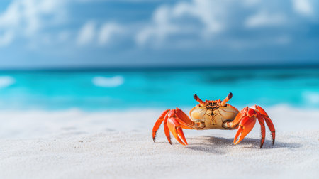 A close-up of a vibrant red crab in its coastal habitat, resting on the sandy beachの素材