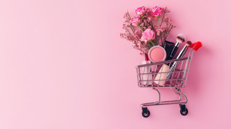 Makeup products arranged in a mini shopping cart, placed on a light pink backdrop, evoking a fun and stylish beauty shopping concept.の素材