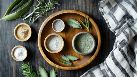 Natural skincare ingredients on a rustic wooden plate, with small bowls of powders, fresh herbs, and aloe slices, arranged on a checkered cloth for a clean aesthetic.の素材