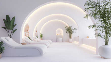 A tranquil spa interior featuring soft lighting, curved arches, and minimalist loungers, complemented by indoor plants for a soothing and peaceful ambiance.の素材