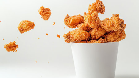 Crunchy fried chicken flying from a paper bucket, isolated on a white background, capturing the excitement of fast foodの素材