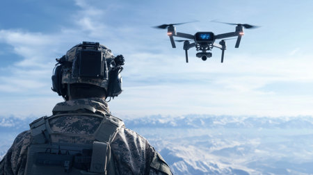 A soldier stands vigilant as an advanced drone hovers above a stunning mountain landscape, symbolizing modern military surveillance and technological evolution.の素材