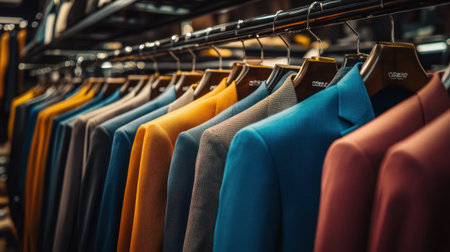 Stylish men suits neatly arranged on hangers in a boutique, showcasing a variety of colors and styles, ready for a fashionable wardrobe updateの素材
