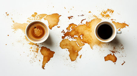 A map highlighting coffee cups across the globe, representing the spread of coffee culture on International Coffee Day, with a clean white backdropの素材