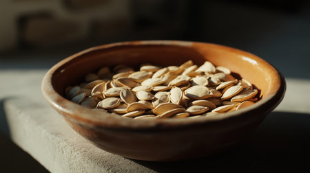 Close-up of pumpkin seeds placed in a ceramic dish, with the focus on their texture and shape, offering a simple yet detailed composition.の素材