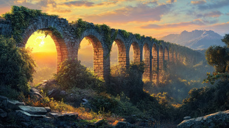 Sunrise gently illuminates the ancient stone arches of a weathered aqueduct, with ivy creeping along the sides, captured in photorealistic detail and warm tones.の素材