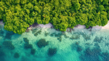 Overhead view of mangroves along the coast, their roots submerged in tidal waters, a vital habitat in tropical environments.の素材