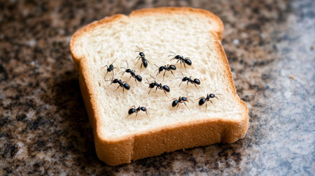 Tiny ants on a slice of bread left out in a kitchen, a strong reminder of food safety practices and pest prevention.の素材