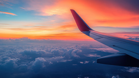 A breathtaking view from an airplane window during sunset, featuring a wing against a canvas of vibrant, colorful sky, creating a sense of wonder and adventure.の素材