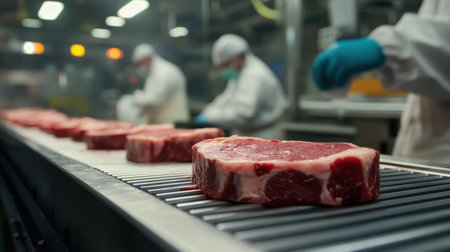 A conveyor belt carrying freshly cut steaks towards the packaging area in a meat processing plant, with workers in protective gear in the background.の素材