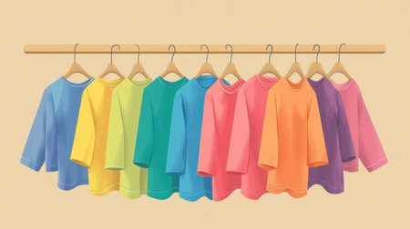 A cheerful illustration of a line of vibrant shirts on wooden hangers, each shirt in a different color, emphasizing the joy of fashion and personal expression.の素材