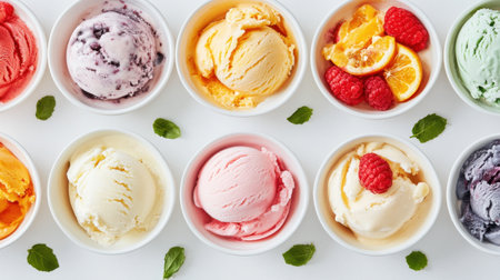 A delightful array of colorful ice creams in assorted bowls, each garnished with fresh fruits, displayed on a bright white background, inviting and appetizing.の素材
