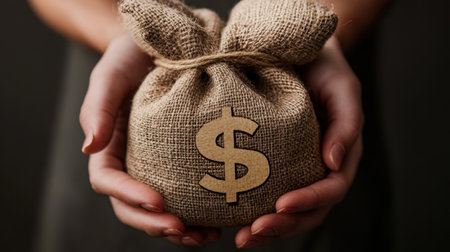 Focused image of hands holding burlap sacks marked with dollar signs, highlighting the concept of savings, with a shadowy, dark background for dramatic effect.の素材
