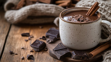 Close-up of a warm cup of dark chocolate cocoa, rich and comforting, known for its brain-boosting benefits, set on a cozy wooden table.の素材