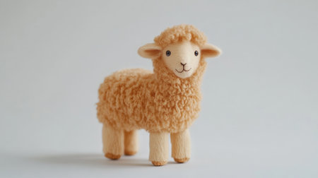 A cute light brown baby sheep standing on a white studio background, highlighting its fluffy coat and adorable features.の素材