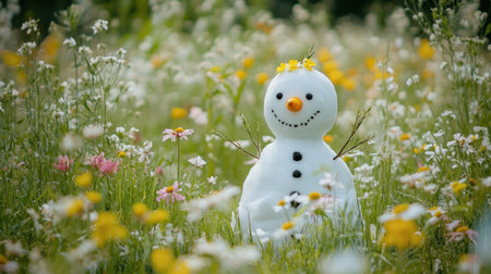 A melting snowman in a grassy meadow with spring flowers blooming around it, symbolizing the transition from winter to spring.の素材