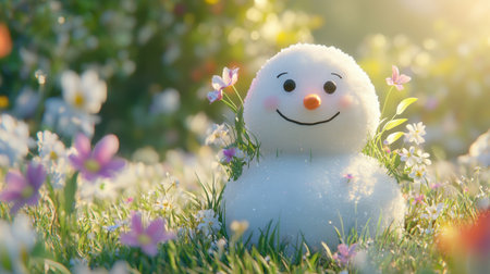 A melting snowman surrounded by grass and spring flowers growing, representing the end of winter and the beginning of spring.の素材