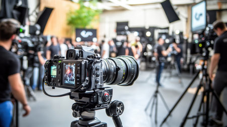 A modern video camera records an interview in a TV studio, capturing the bustling energy of mass media and television.の素材