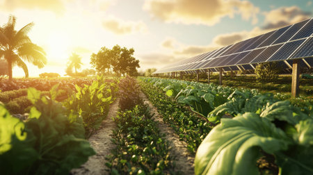 A solar-powered agricultural field, where solar panels and crops coexist for efficient land use and green energy generation.の素材