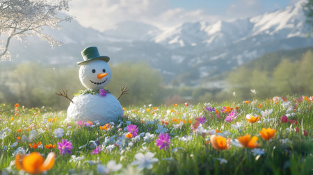 A melting snowman in a grassy meadow with spring flowers blooming around it, symbolizing the transition from winter to spring.の素材
