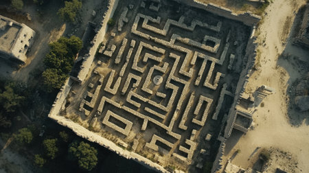 Aerial shot of a maze made of stone, showcasing its mysterious and complex design, with a bird-eye view of its pathways.の素材