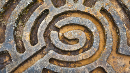 Aerial view of a mysterious stone maze, offering a close-up top view of its intricate and winding paths from above.の素材