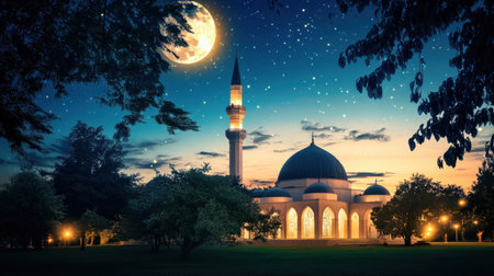 Beautiful mosque illuminated under the night sky with a bright, shining moon, surrounded by the natural beauty of a park.の素材