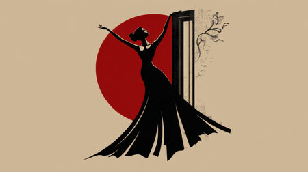 Artistic minimalist logo featuring a ballerina in a long dress dancing near a door, with black and red tones creating a bold and graceful imageの素材