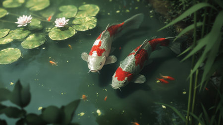 Close-up of Japanese koi fish with red and white patterns gliding through a pond, capturing their beauty and grace on a warm day.の素材
