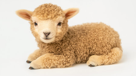 Light brown baby sheep isolated on a white background in a studio setting, showing off its soft wool and innocent expression.の素材