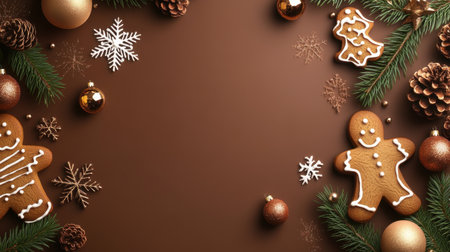 Gingerbread cookies scattered artistically on a brown background, forming a cozy and festive Christmas scene.の素材