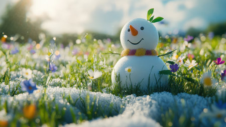 Snowman in a grassy meadow with spring flowers growing through the melting snow, embodying the transition from winter to spring.の素材