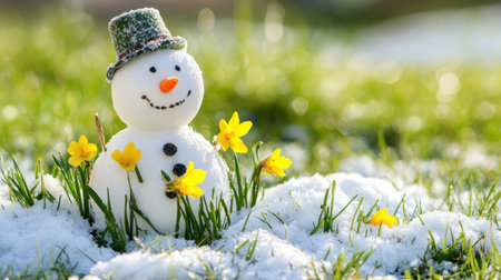 Snowman in a grassy meadow with spring flowers growing through the melting snow, embodying the transition from winter to spring.の素材