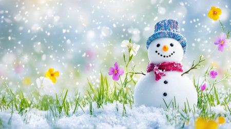 Snowman in a grassy meadow with spring flowers growing through the melting snow, embodying the transition from winter to spring.の素材