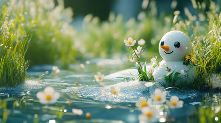 Snowman in a grassy meadow with spring flowers growing through the melting snow, embodying the transition from winter to spring.の素材