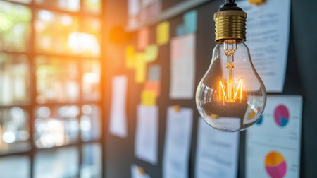 A bright light bulb in focus with a wall of notes and data charts in the background, representing the process of analysis and planning.の素材