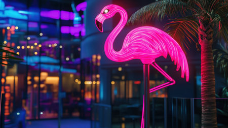 A neon flamingo in bright pink shines against the backdrop of a modern building, bringing a fun and quirky vibe to the scene.の素材