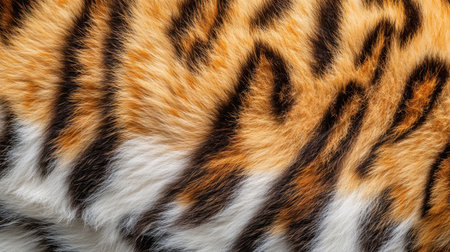 A close-up of tiger fur, showing its bold orange and brown stripes and fluffy texture, ideal for backgrounds or animal-patterned fabric designs.の素材