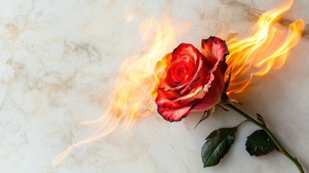A burning red rose set against a white ceramic background, capturing the contrast between beauty and fire.の素材