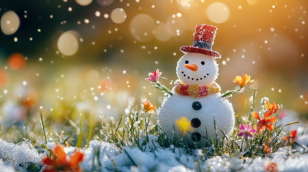 Snowman standing on a meadow with grass and colorful flowers pushing through the melting snow, symbolizing the change of seasons.の素材