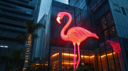 A neon flamingo shines in front of a modern building, its vibrant glow standing out against the sleek urban architecture.の素材