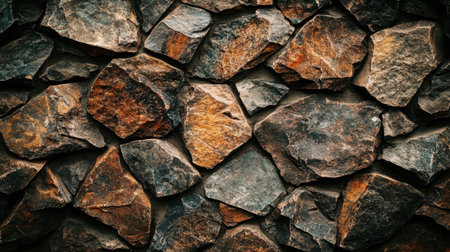 A close-up of a textured stone wall, focusing on the unique shapes and surfaces of the stones, providing a rustic feel.の素材