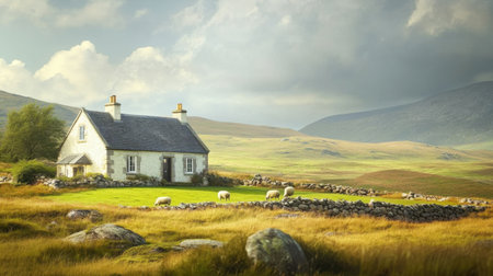 A cozy house on a hilltop farm, with sheep grazing nearby and mountains in the distance, creating a peaceful rural scene.の素材