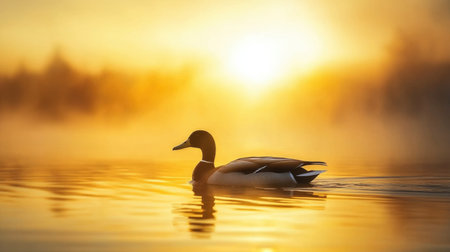 A duck glides across the water, silhouetted by the golden hour light, creating a calm and peaceful scene.の素材