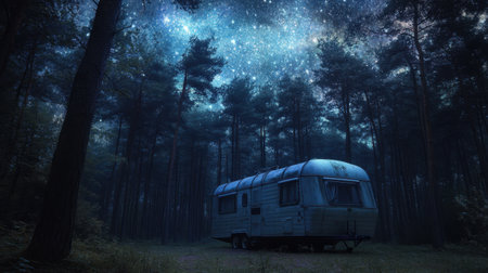 A caravan in a serene forest setting, with stars twinkling above, capturing the peacefulness of camping under the starsの素材