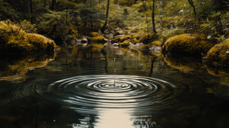 A single drop of water hits the surface, creating circular ripples in a serene, still body of water, capturing the moment of impactの素材