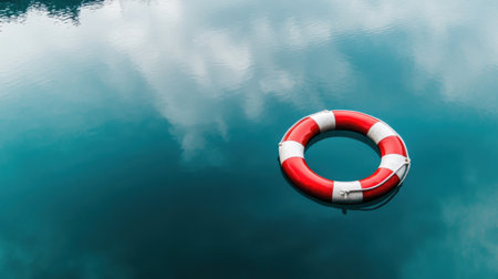A peaceful scene of a red and white life preserver gently floating on smooth, blue water, evoking a sense of calm and rescueの素材